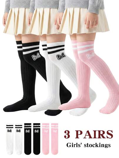 3-Pairs Pack Striped Knee-High Socks, Kids' Socks, Suitable For Girls Aged 3-8 For Daily Wear, All-Season Available