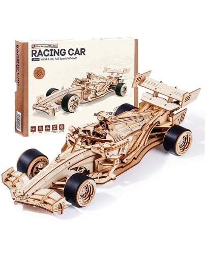 Robotime ROKR Mechanical Racing Car 3D Wooden Model, 247-Piece Spring-Powered Racing Car With Steering Controls, Adult DIY Assembly Kit, Collectible Desktop Toy, Home Decor