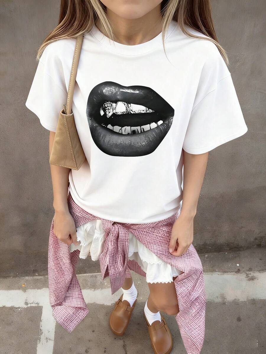 1pc Girls Casual Letter Print Round Neck Short Sleeve T-Shirt, Simple English Typography Design To Inspire Imagination And Self-Expression, Summer Student Wear - White - View 1