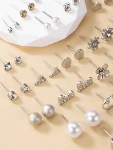 30对优雅简约金属仿珍珠小花朵水钻心形蝴蝶结耳钉套装，女士奢华礼物 - 銀色 - 查看 5