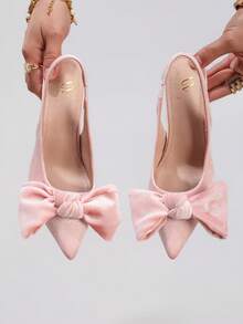 女士蝴蝶结高跟鞋，性感尖头晚宴派对鞋，丝绒时尚粉色细高跟鞋 - 粉色 - 查看 4