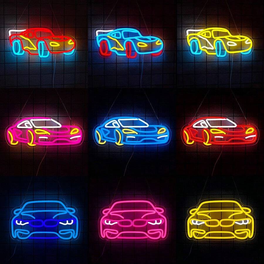 跑车霓虹灯墙饰，LED赛车造型车库霓虹灯，USB供电汽车标志，适用于儿童卧室、男孩房、游戏室、男士专属空间、酒吧、生日礼物，易于悬挂。