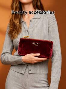 Gucci 女士奢华缎面手拿包，时尚晚宴手提包，配有可拆卸链条，容量充足，可装化妆品和必需品，是情人节、婚礼、舞会和晚间活动的理想之选。 - 酒紅色 - 查看 2