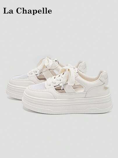 זוג אחד נעליים יומיומיות של La Chapelle לנשים עם סוליה עבה ושרוכים, נעליים שטוחות לחוץ, בוהן עגולה עם עקב נמוך בצבע אחיד, נעלי הליכה אלגנטיות עם תחתית רכה, מתאימות לסטודנטים המצלמים תמונות סיום לימודים, סניקרס נמוכות מעור לנשים