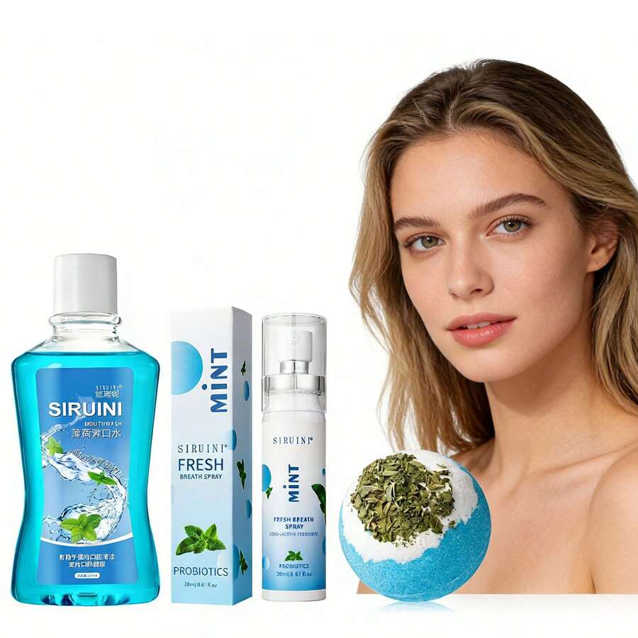 清凉薄荷抗菌漱口水+口气清新喷雾+海盐泡泡浴球套装，可杀灭99.9%引起口臭的细菌——送给爱人的最佳情人节礼物 - 薄荷色 - 查看 1
