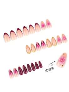 24 Pieces Of Long Almond-Shaped Press-On Nails, With European And French-Style Gradient Gold-Plated Gold Bead Flower Nails. Simple And Elegant Style, Reusable Design, Suitable For Women's Daily Use And Travel. Nail Supplies - Multicolor - View 2