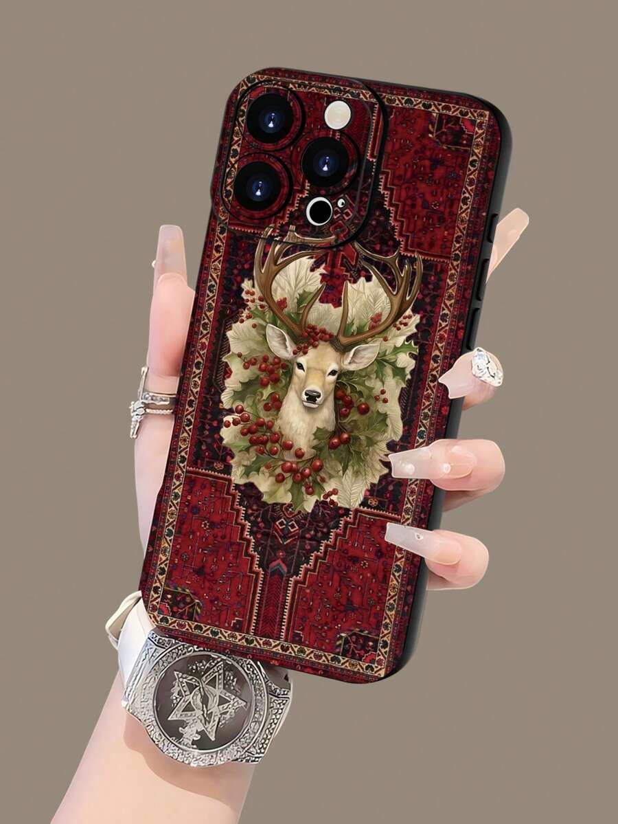 1pc Burgundy Carpet Deer 2D Pattern Fashionable Phone Case, Classic Versatile Creative Style, Suitable As Birthday, Holiday, Christmas Gift For Friends, Family, Couples, Matte Black Full Coverage Protection Against Dust And Water, Compatible With IPhone 17/16/15/14/13/12/11/Pro/ProMax/PLUS And S/A Series - Black - View 1