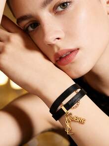 Yves Saint Laurent 1pc Women's Fashion Double-Layer Black Leather Bracelet With Letter Pendant Decor, Romantic Jewelry For Valentine's Day - Black - View 6