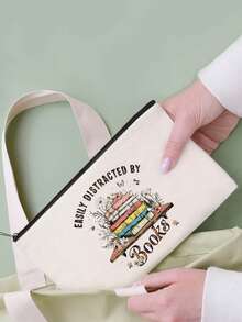 1/2pcs Set Large Capacity Beige Canvas Floral & Book Themed Printed Tote Bag And Zipper Storage Bag Set, Fashionable Floral & Book Themed Shoulder Bag, Shoulder Bag, Multifunctional Portable Travel Storage Makeup Set, Suitable For Back To School, Graduation, Travel, Birthday, Anniversary, Teacher's Day, Thank You Gifts, Essential For Students And Teachers, Great For Travel