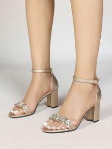 Women's Fashion New Comfortable Evening Party Vacation Nude Strap High Heel Roman Thick Heel Party Rhinestone Banquet Sandals,Spring Summer Outfits - Champagne - View 5