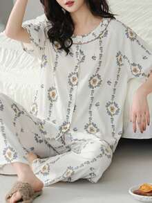 2 pièces Ensemble de pyjama pour femme, Top de cardigan col rond avec imprimé floral et ourson mignon tout-sur-tout, pantalon avec imprimé floral et ourson mignon tout-sur-tout, confortable et style anglais, convient pour le printemps, l'automne et l'hiver, tenue de détente à la maison - Champagne - Voir 6