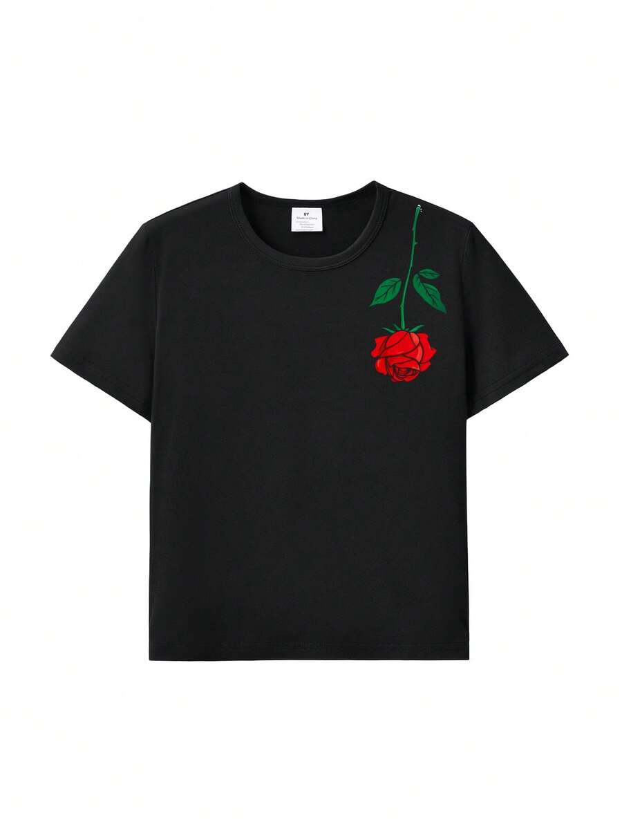 Young Girls Rose Flower Print Short Sleeve T-Shirt, Summer - Black - View 1