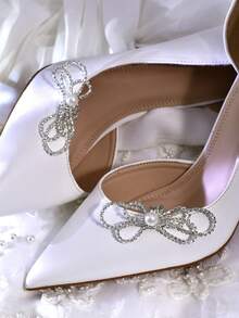 1pc Handmade Woven High Heel Shoe Decor, Pearl & Rhinestone Alloy Leaf Bride Wedding Shoe Clip HX08 - Silver - View 4