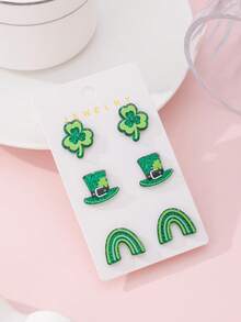 Set de 3 pares de aretes con diseño de trébol brillante y arcoíris para el Día de San Patricio, regalo perfecto para fiestas festivas - Verde - Ver 2