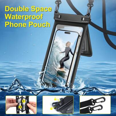 Vattentät telefonväska/torrväska/telefonryggsäck, lämplig för simning, forsränning, dykning, fotografering, med nackrem, PVC-material, pekskärmskänslig, passar smartphones upp till 7,5 tum, fack på baksidan för förvaring av små föremål