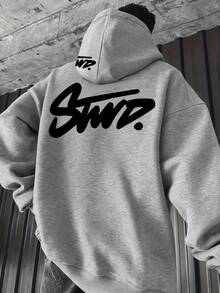 Men's Casual Fashionable Street Hoodie With Letter Print, Kangaroo Pocket And Drawstring, Thermal Lining, Autumn/Winter - Grey - View 1