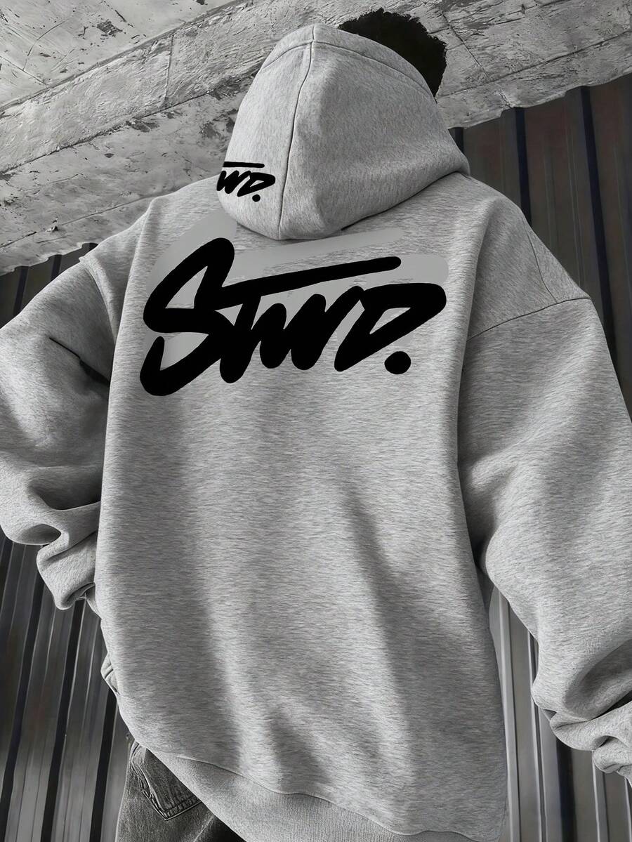 Men's Casual Fashionable Street Hoodie With Letter Print, Kangaroo Pocket And Drawstring, Thermal Lining, Autumn/Winter - Grey - View 1