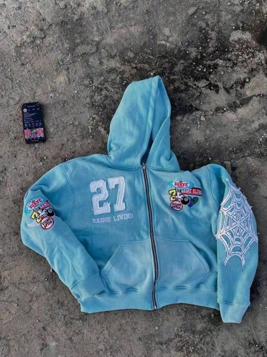 New European Station Casual Zipper Sweater American  Letter Embroidery Printed Sweater Cardigan Hoodie - Blue - View 1