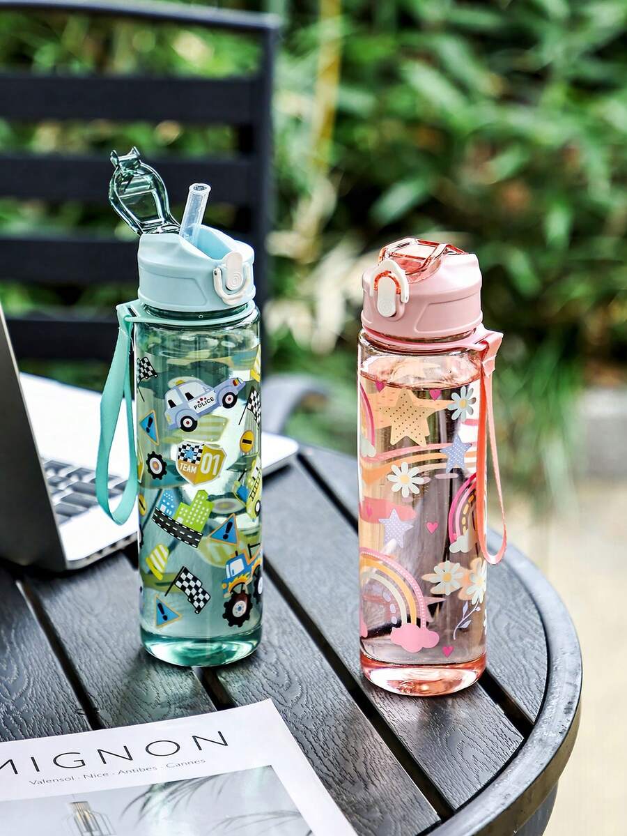 750ml 兒童運動水壺,4色可選,適合女孩與男孩的可愛禮物,吸管杯適用於戶外、學校、返校、開學第一天 - 彩色 - 查看 1