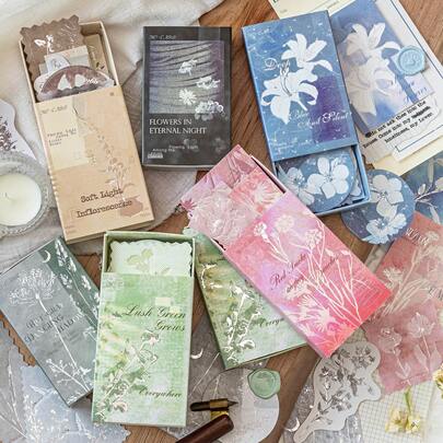 Bloque de notas con 20 hojas/caja con relieve floral y lámina de plata, suministros DIY para scrapbooking, papel decorativo con plantas vintage y frases en inglés, suministros de papelería