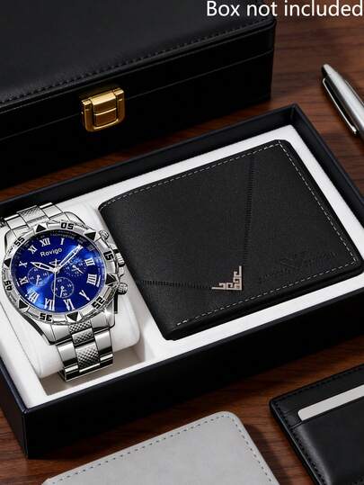 2PCS Luxury Business Men's Watch Set, Consisting Of A Men's Quartz Watch Combination, Featuring A Blue Dial Roman Numeral Multifunction Quartz Watch Paired With A Black PU Leather Wallet.