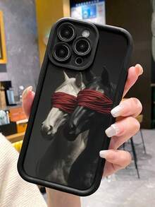 1件装个性化艺术红色挂绳黑白马图案加厚防震全包软壳手机壳，兼容 11/12/13/14/15/16/17 Pro Max - 彩色 - 查看 1