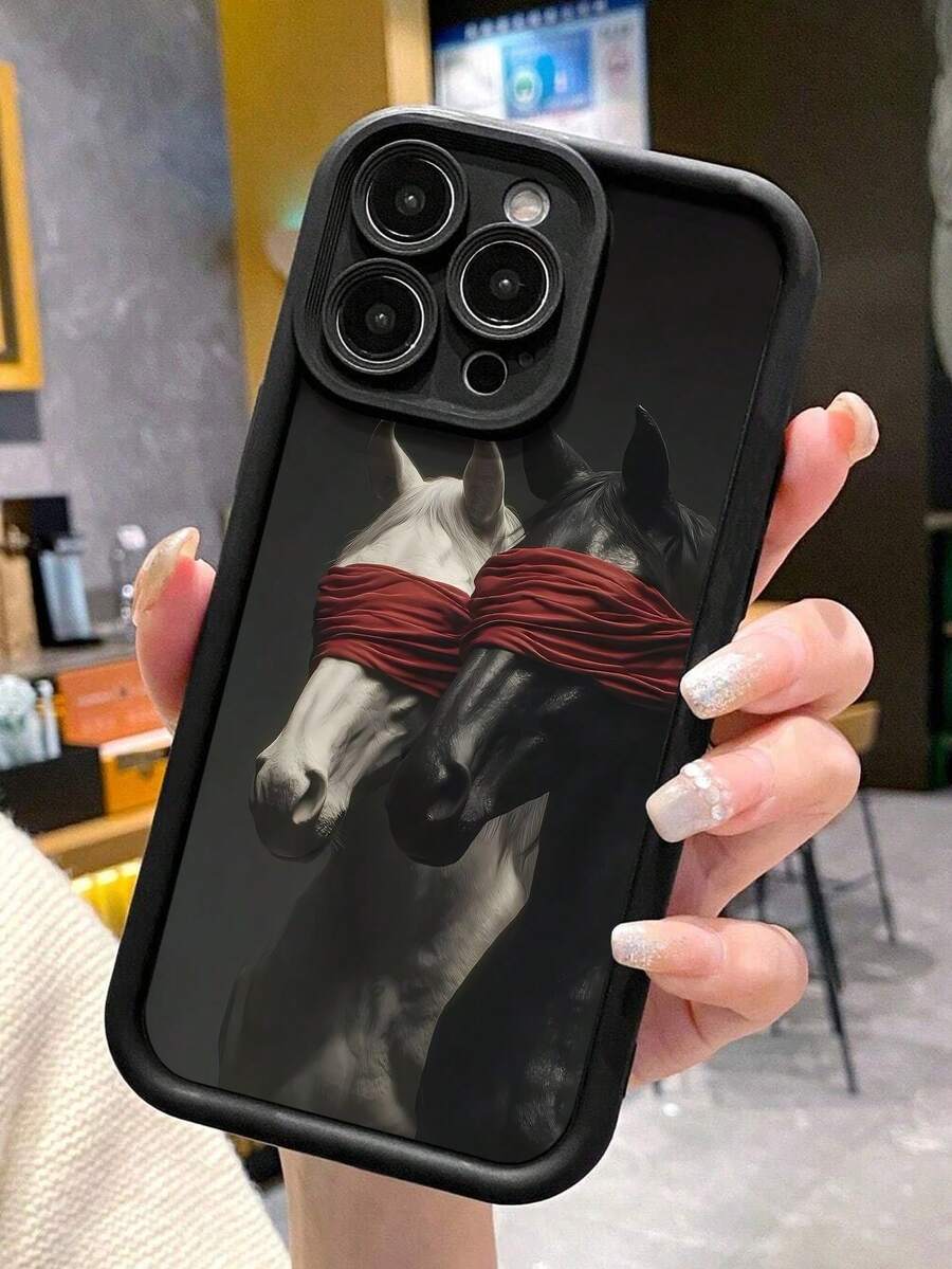 1件装个性化艺术红色挂绳黑白马图案加厚防震全包软壳手机壳，兼容 11/12/13/14/15/16/17 Pro Max - 彩色 - 查看 1