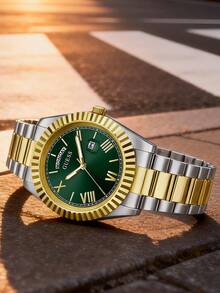 Guess ساعة رجالية - ساعة يد كلاسيكية أنيقة للرجال بعرض التاريخ/اليوم، قرص أسود دائري، سوار من الفولاذ المقاوم للصدأ بلون فضي-ذهبي، مناسبة للارتداء اليومي في العمل، هدية عيد ميلاد للرجال. GW0265G8