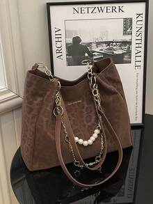 Borsa a tracolla a righe alla moda - Borsa a spalla di grande capacità per le donne - Borsa a tracolla con cerniera per uso quotidiano, in tessuto con stampa leopardata, con catena e decorazione con perle - Castano - Visualizzare 2