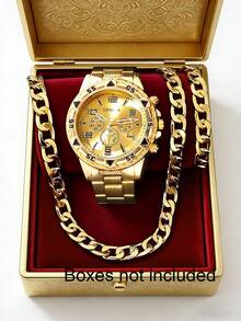 Set de 3 relojes deportivos casuales de moda con correa de tono dorado, esfera redonda, pantalla digital, pulsera y collar, adecuado para niños, Día del Padre, San Valentín, regalo de cumpleaños - Dorado - Ver 6