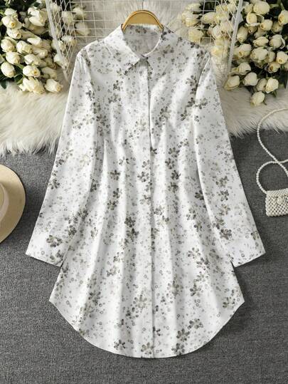 Allover Ditsy Floral Button Front Casual Versatile Fashion Blouse For Women Vacation