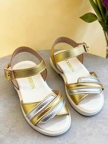 1双时尚儿童高跟凉鞋，优雅女童高跟凉鞋，金色高跟凉鞋，可调节搭扣设计，适合日常出行、婚礼派对、夏季假期等场合。 - 金色 - 查看 6