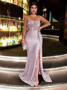 CHOSMO 高腰露背亮片拼接长款正式礼服，侧开衩，配缎带腰带，优雅迷人，适合情人节、圣诞节、正式场合、休闲婚礼、春季派对等场合。 - 淡紫色 - 查看 9