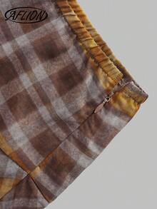 Aflion 女士新款春夏棕黄格纹印花腰部不对称下摆中长裙 - 复古休闲连衣裙，适合约会、派对、日常休闲、学院风、度假、音乐节和周末出游 - 彩色 - 查看 8