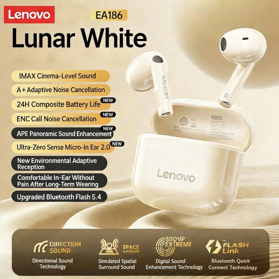Lenovo EA186 半入耳真無線耳機 無線通話降噪 AI智慧天線強抗干擾 觸控手勢操作 磁吸充電倉 適配安卓與iOS 月岩白 - 月岩白 - 查看 1