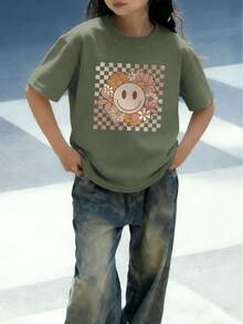 1件装休闲碎花圆领短袖T恤，适合青少年女孩，宽松舒适，夏季上衣，也适合儿童穿着。 - 綠色 - 查看 4