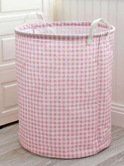 Valentine's Day Pink Plaid Laundry Basket, Fabric Storage Basket, Dorm Storage Bag, Can Be Used To Store Tissues, Clothes And Toys, Waterproof Foldable Inner Layer, Foldable Laundry Basket, Bathroom Storage Basket, Home Laundry Basket, Laundry Bucket, Essential For Back To School Season