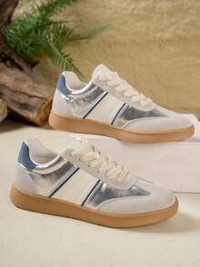 新款女鞋，时尚百搭系带条纹装饰厚底增高纯色软底休闲鞋，运动鞋，时尚轻便跑步鞋，适合日常穿着和通勤。 - 銀色 - 查看 5