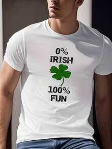 [Casual Style] St. Patrick's Day Men's T-Shirt - "0% Irish, 100% Fun" Clover Graphic, Casual Short Sleeve Top, Polyester, Round Neck, Machine Washable - Ideal For Summer Celebrations - 白色 - 查看 1