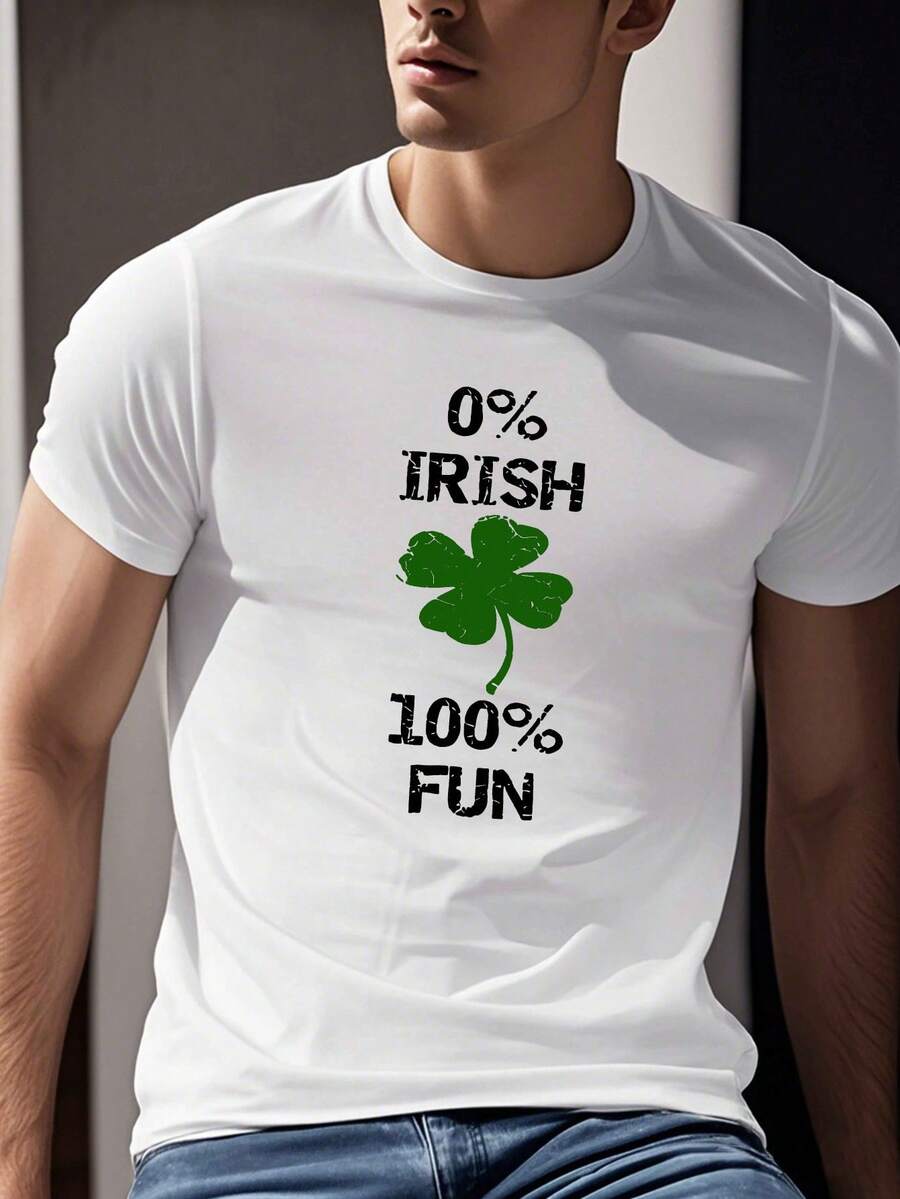 [Casual Style] St. Patrick's Day Men's T-Shirt - "0% Irish, 100% Fun" Clover Graphic, Casual Short Sleeve Top, Polyester, Round Neck, Machine Washable - Ideal For Summer Celebrations - 白色 - 查看 1