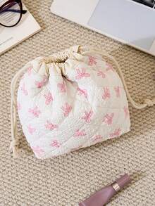 1Pc Flower/Rose/Bow Print Quilting Desktop Upright Drawstring Storage Bag Multifunctional Storage Basket Storage Bucket,Girls Large Capacity Cosmetic Organizer Bag Makeup Bag Toiletry Bag Camera Bag Pencil Holder Cabinet Storage Products,Skincare Storage Basket,Women Cute Make Up Storage Drawstring Bag