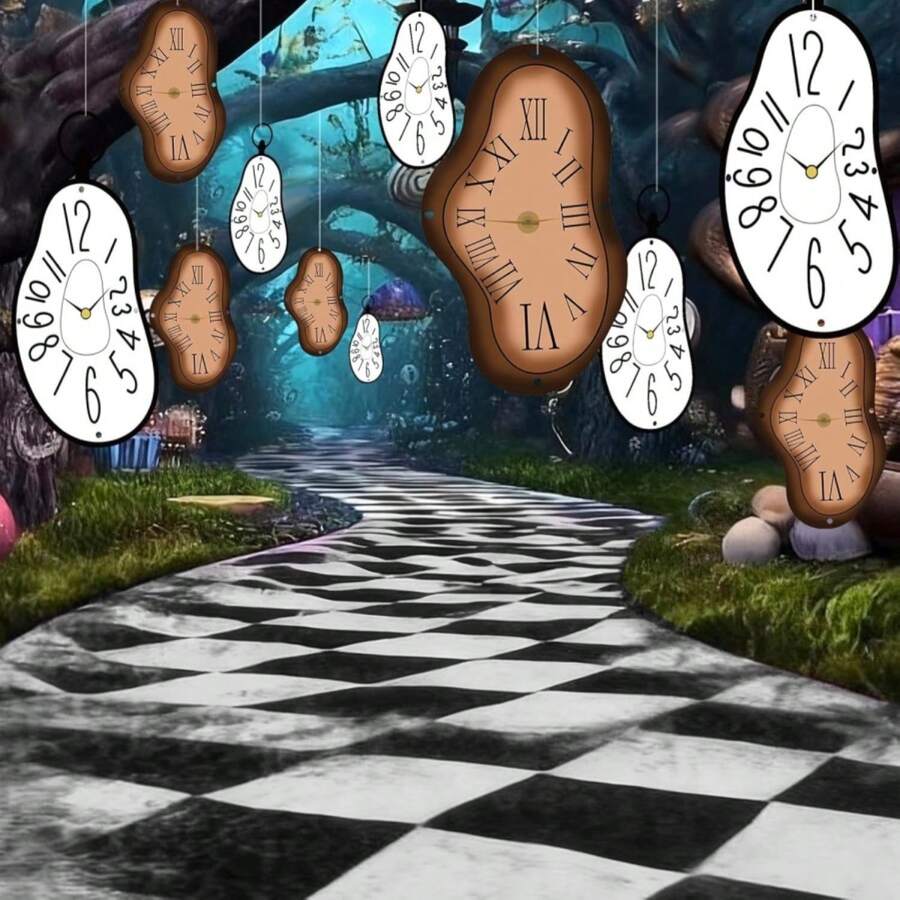 Soulchen 20 Pcs Wonderland Tea Party Decoration Hanging Banner Wonderland Abstract Distorted Clock Garland Decoration Background For Birthday Baby Shower Party Supplies - MàuH - Xem 1