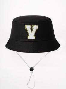 1顶26字母印花儿童渔夫帽+可拆卸防风绳，可调节户外遮阳帽，适合男孩女孩，春秋季旅行、海滩、度假 - 黑色 - 查看 16