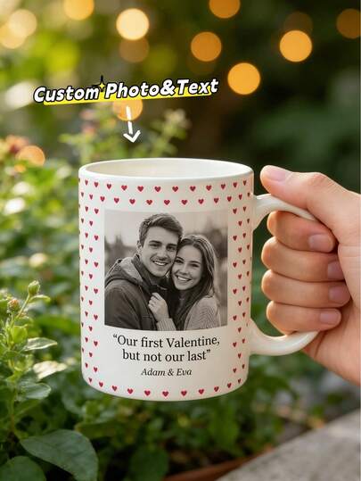 1pc Custom Mug,Personalized Heart Border Photo Mug, Personalized Valentine Mug With Picture And Names,Cute First Valentine Coffee Mug Gift For Couples,Gift For Him/Her,Ideal For Valentine's Day,Anniversary & Special Occasions