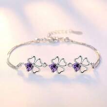 Vòng tay mạ bạc 925, trang sức cưới màu tím hình cỏ ba lá may mắn, đính đá Cubic Zirconia, dài 17cm + 4cm. - Bạc - Xem 2