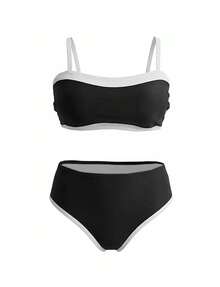 Plus Size Women's Two Pieces Summer Beach Holiday Black And White Color Blocked Suspender Triangle Cup Sexy Elegant Bikini, Suitable For Vacation, Party, Beach Date, Valentine's Day Casual Strapless Swimsuit Set - Black and White - View 2