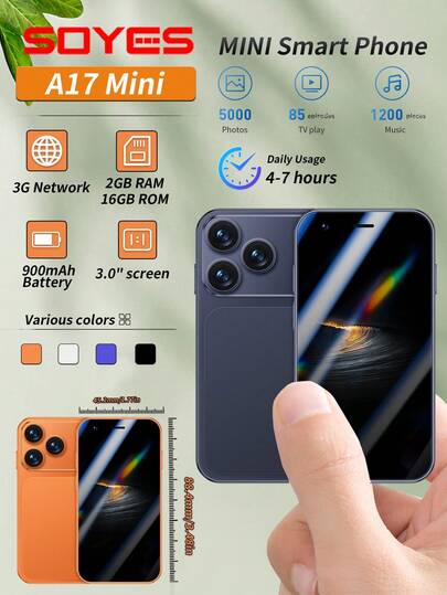  SOYES ONEMYTH Mini 手机设计非常贴心！其 3.0 英寸屏幕提供清晰的显示效果、舒适的观看体验、3G 网络连接以及流畅的 Android 8.1 系统操作。900mAh 电池提供充足的续航时间，500 万像素摄像头可快速捕捉精彩瞬间。