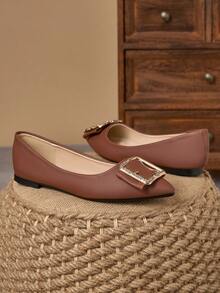 WHDXY Women's Fashionable Brown Pointed Toe Flats With Rhinestone Buckle, Versatile For Commuting And Casual Wear