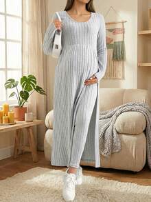 2pcs Maternity Casual Set, Includes Long Sleeve V-Neck Cardigan Top And Belly Support Pregnancy Pants, Comfortable And Fashionable For Pregnancy And Nursing Spring - Grey - View 5