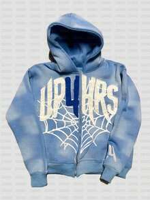 2025 Winter And Spring Y2k Retro Letter Spider Web Digital Printing Personalized Design Sense Hip-Hop Hooded Jacket Hoodies For Men - Blue - View 1